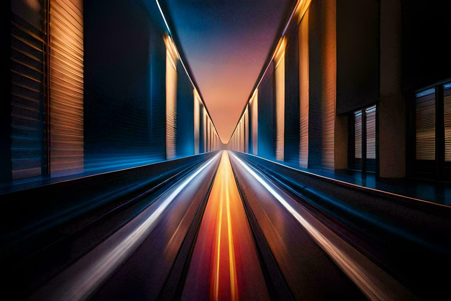 un' lungo esposizione fotografia di un' treno andando attraverso un' tunnel. ai-generato foto