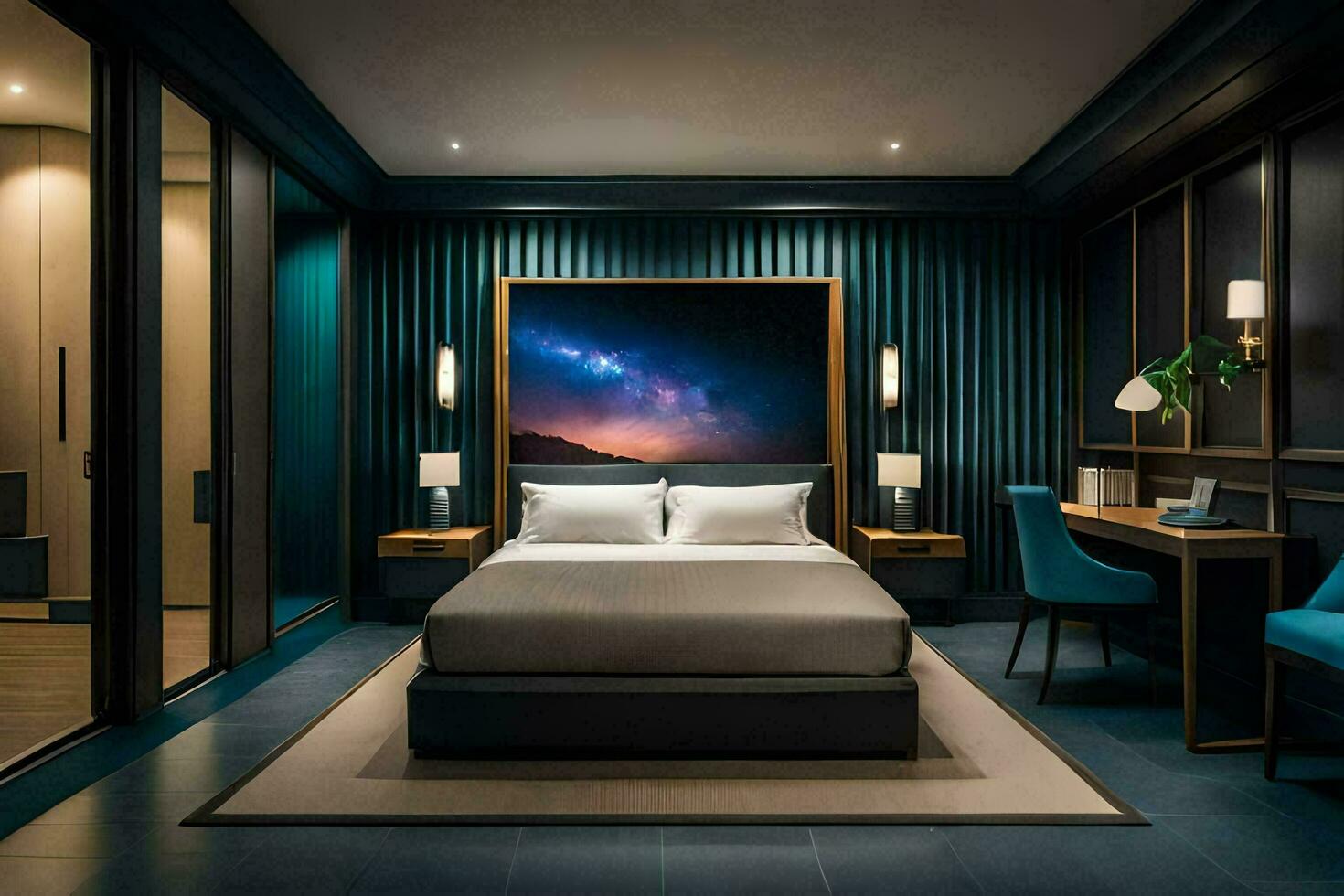 un' Hotel camera con blu muri e un' letto. ai-generato foto