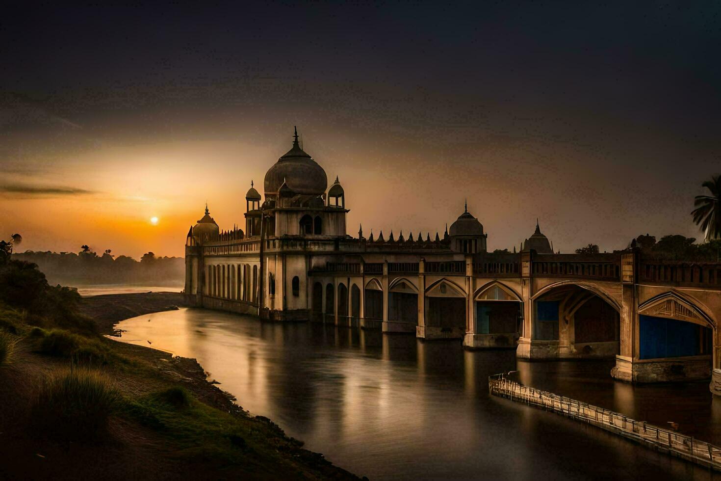 il sole imposta al di sopra di un' ponte e un' moschea. ai-generato foto