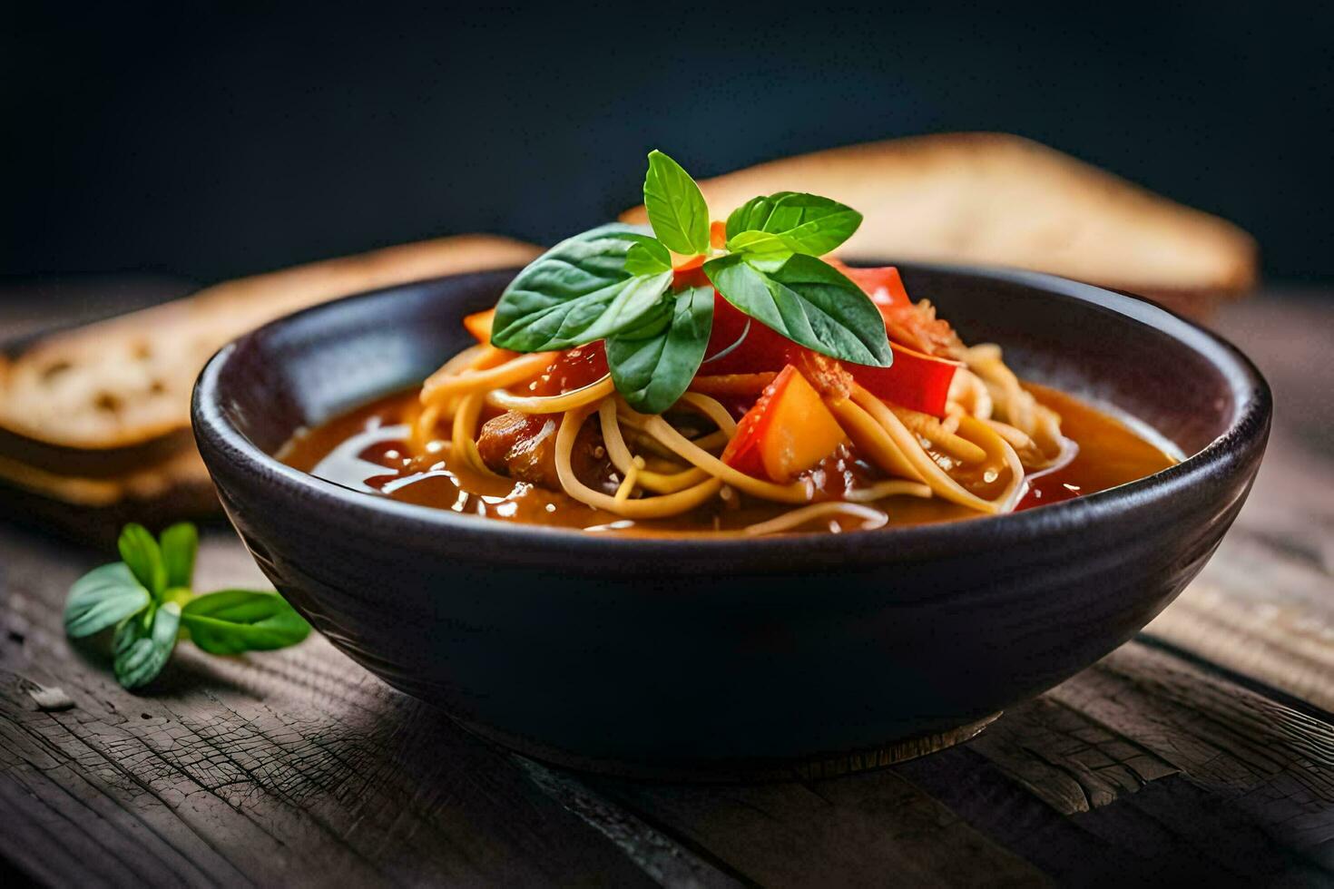 spaghetti con pomodoro e basilico su un' di legno tavolo. ai-generato foto