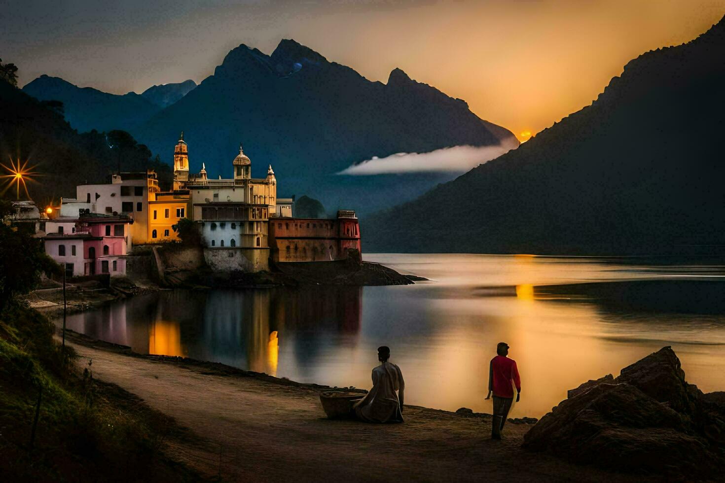 Due persone camminare lungo il riva di un' lago a tramonto. ai-generato foto