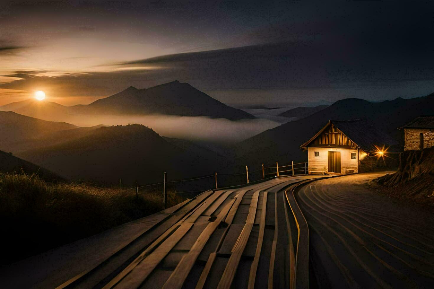 un' di legno Casa si siede su il lato di un' montagna a tramonto. ai-generato foto