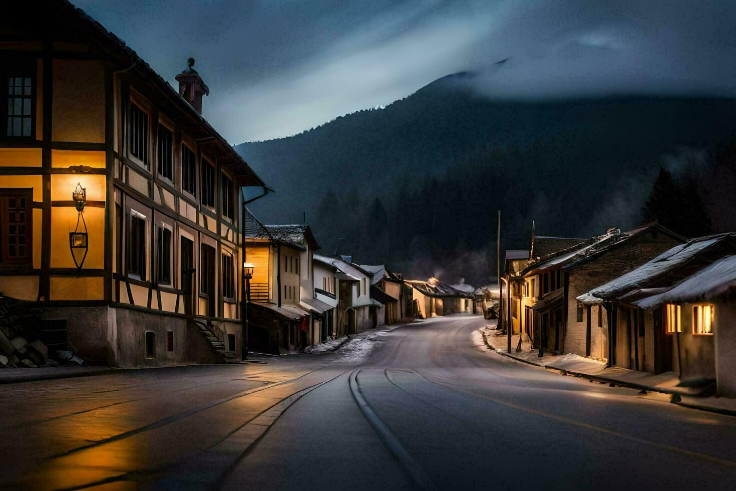 un' strada nel il montagne a notte. ai-generato foto