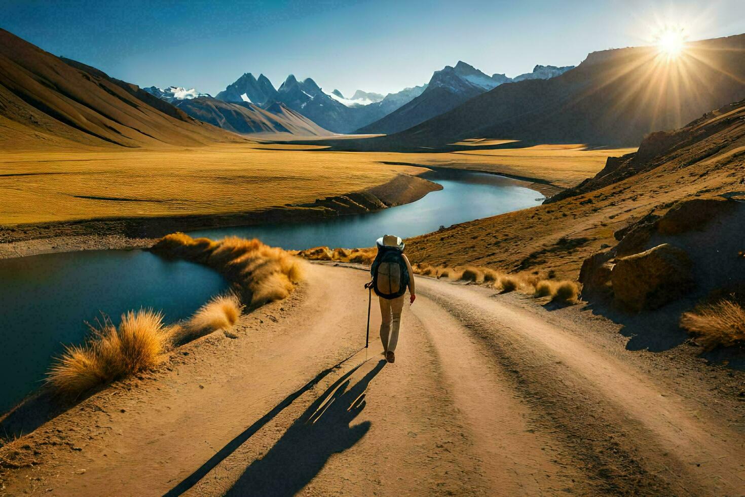 un' uomo passeggiate lungo un' strada nel il montagne. ai-generato foto