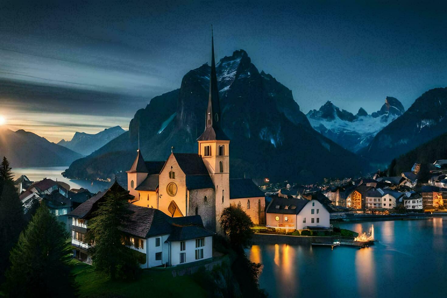 un' Chiesa e montagna cittadina nel il montagne. ai-generato foto