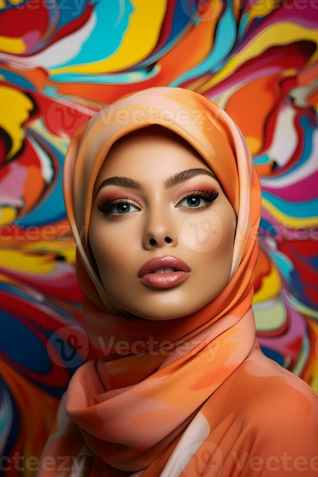 un' bellissimo donna nel un' hijab con un' rosa sfondo ai generativo foto