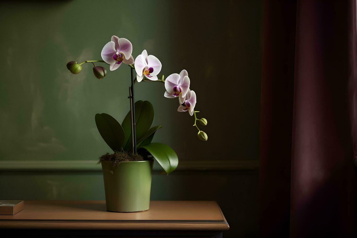 bellissimo tropicale rosa phalaenopsis orchidea nel un' pentola su un' il petto di cassetti, nel un interno con verde parete, buio sfondo. copia spazio. ai generato. foto