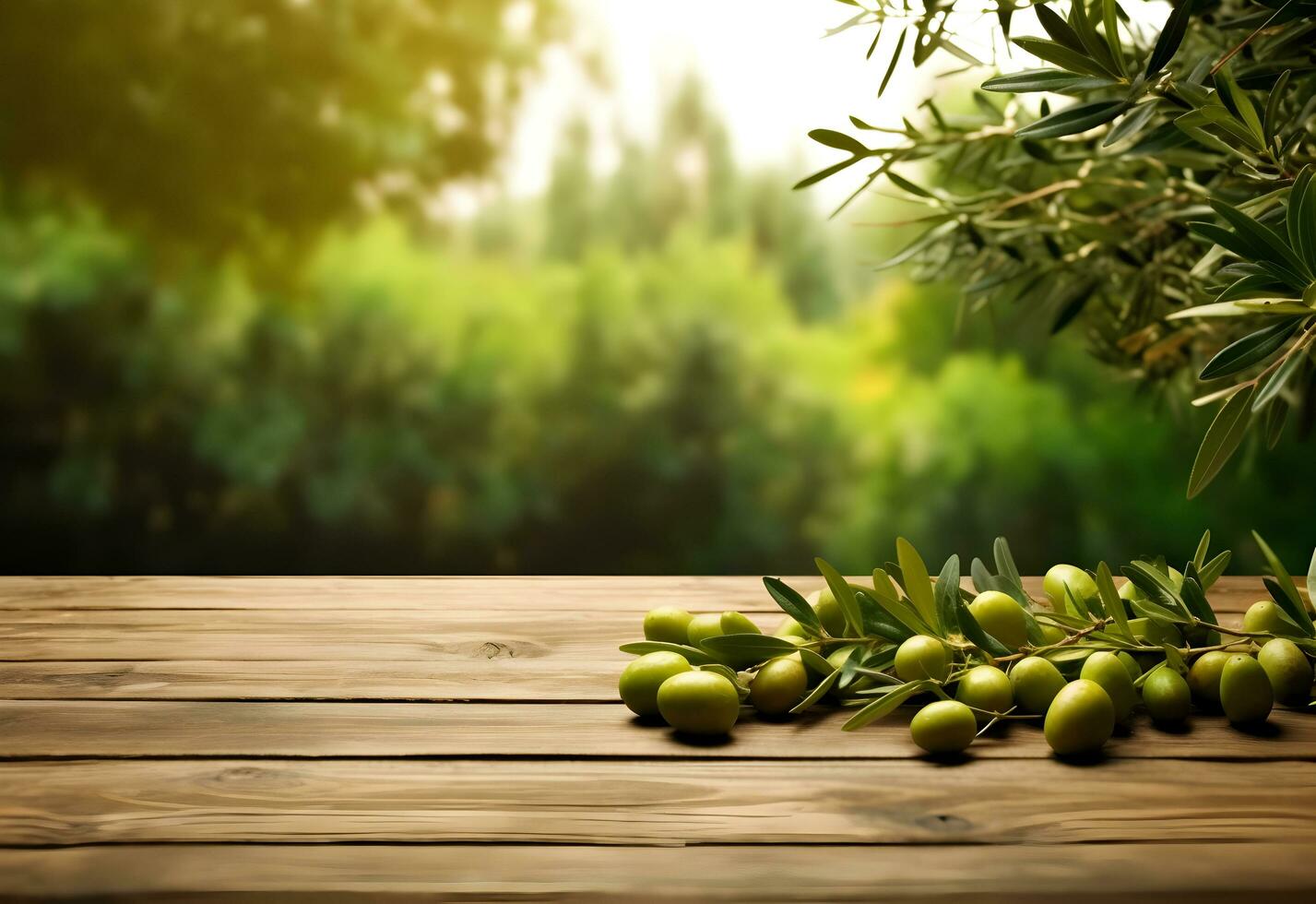 di legno tavolo con olive frutta e gratuito spazio su natura sfocato sfondo. generato ai. foto