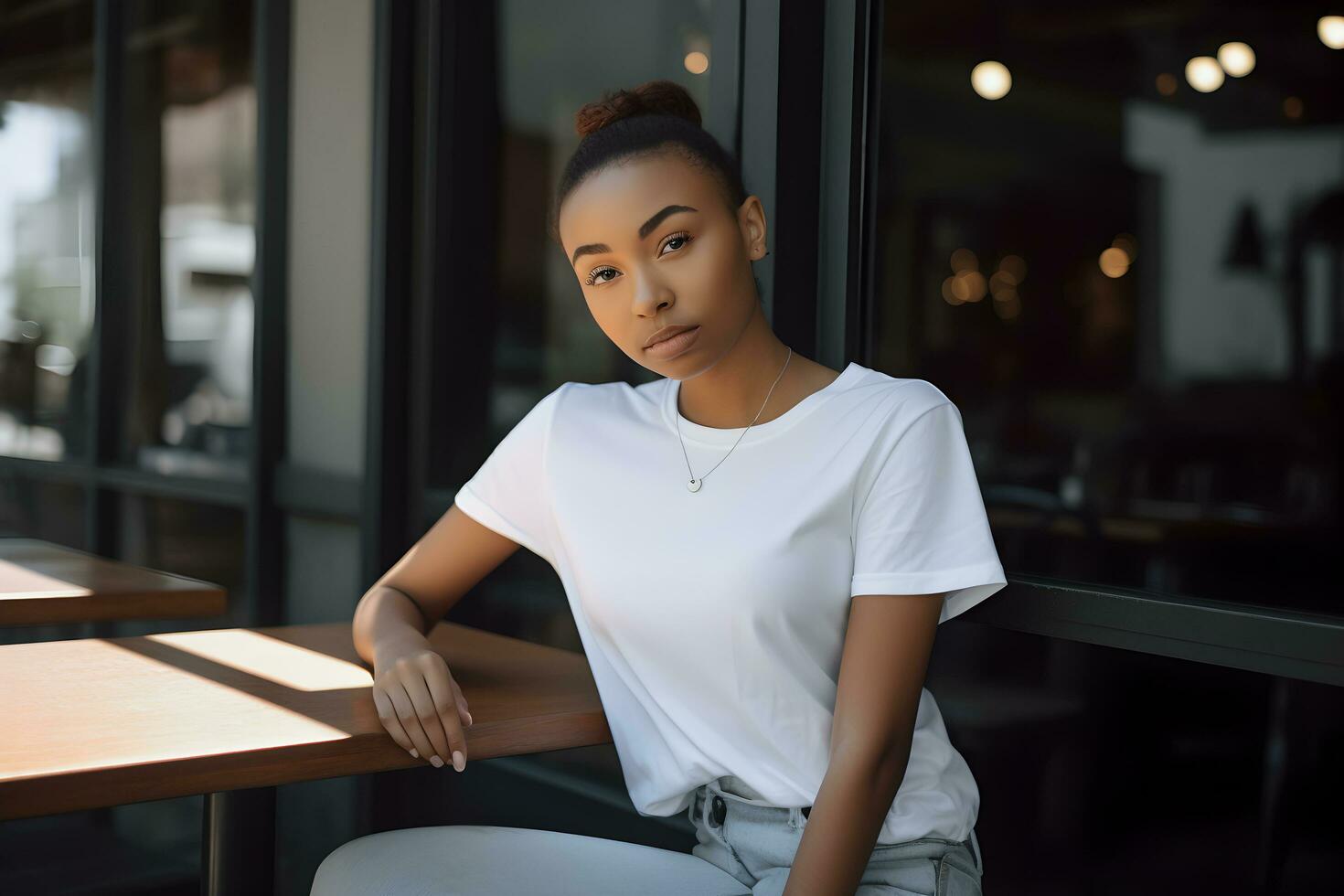 giovane donna indossare bella tela bianca t camicia e jeans, a un' accogliente ristorante su estati giorno. design maglietta modello, Stampa presentazione modello. ai generato. foto