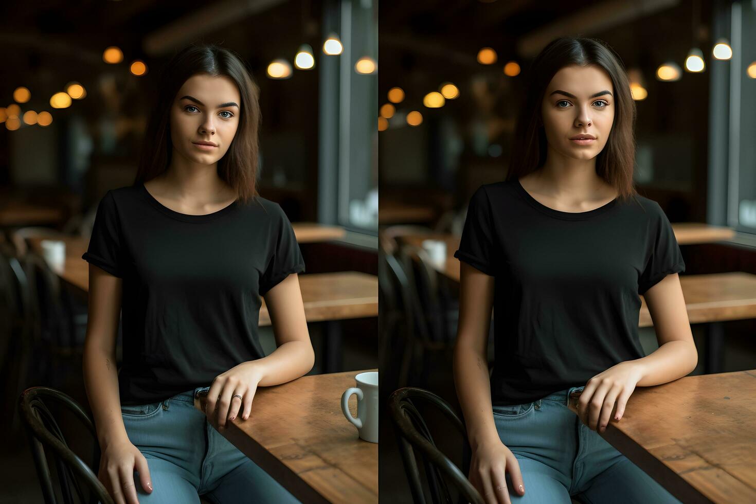 giovane donna indossare bella tela nero t camicia e jeans, a un' accogliente ristorante su estati giorno. Due verticale design maglietta modello, Stampa presentazione modello. ai generato. foto