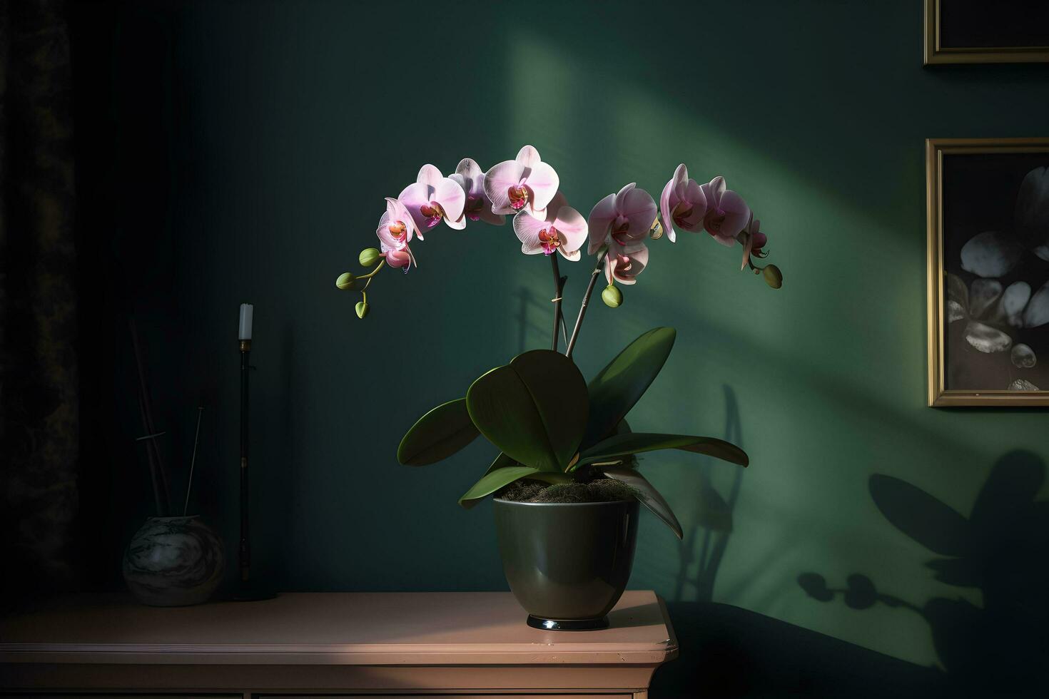 bellissimo tropicale rosa phalaenopsis orchidea nel un' pentola su un' il petto di cassetti, nel un interno con verde parete, buio sfondo. copia spazio. ai generato. foto