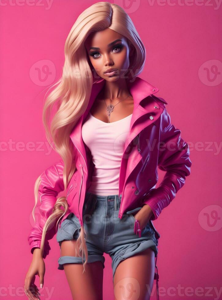 Barbie Bambola carino biondo ragazza rosa attrezzatura rosa sfondo ai generativo foto