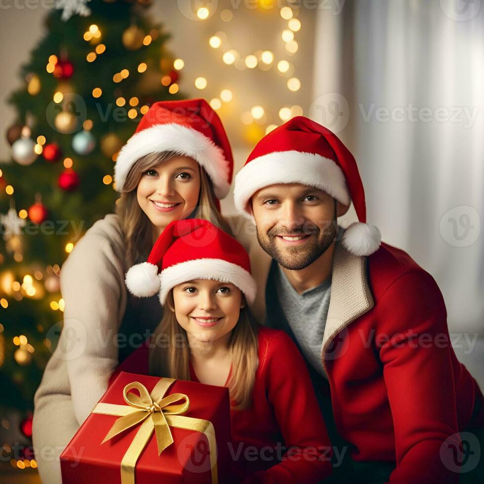 contento famiglia con genitori e figlio nel un' camera. con regalo scatola su un' Natale giorno - generato Immagine foto