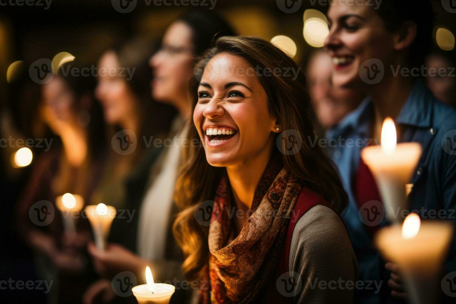 coro membri condivisione gioioso canti natalizi nel un intimo candela illuminato ambientazione foto