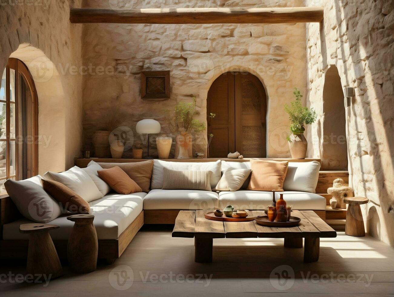 il vivente camera è decorato su un' pietra pavimento e parete con di legno mobilia ai generativo foto