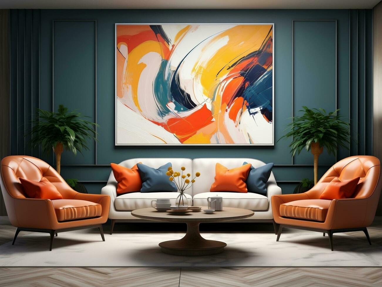 moderno vivente camera con divano e colorato tela ai generativo foto