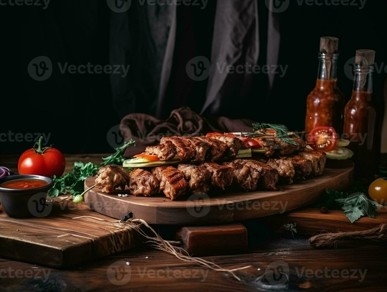 delizioso succoso kebab e verdure e verdura su un' di legno asse, decorato con erbe aromatiche e verdure. fotorealistico illustrazione. ai generato. foto