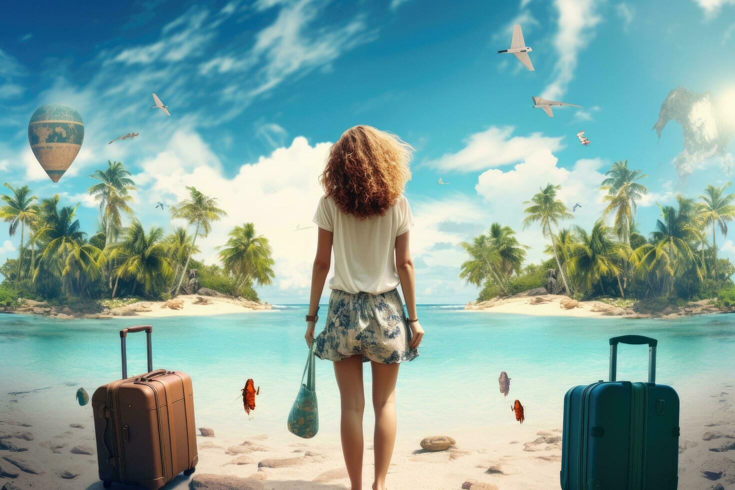 viaggiatore ragazza con valigia su il spiaggia. viaggio e vacanza concetto, posteriore Visualizza di contento viaggio donna su vacanza concetto, ai generato foto