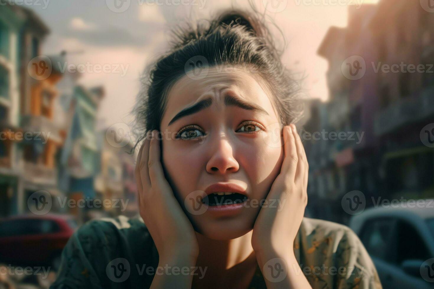 donna pianto dopo terremoto orrore. creare ai foto