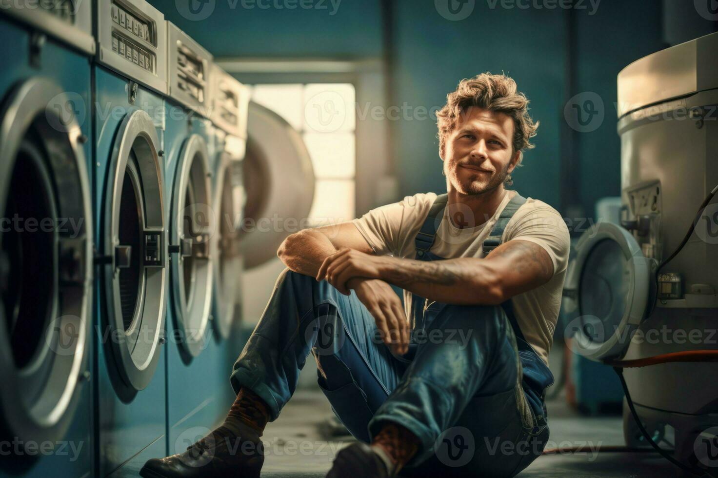 sorridente riparatore lavaggio macchina a mattina. creare ai foto