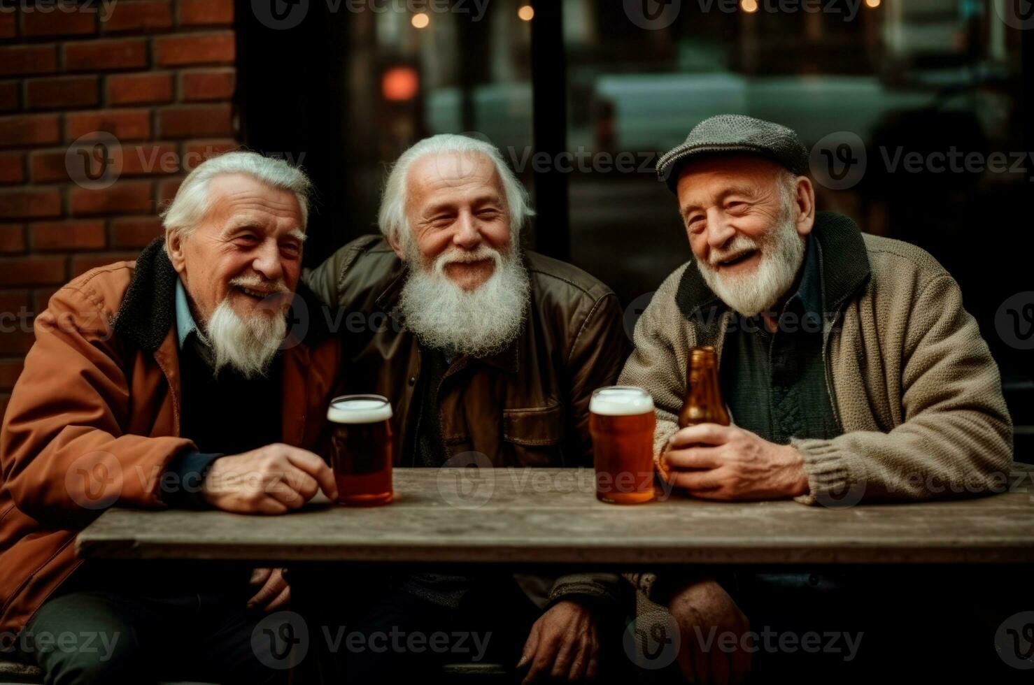 anziano maschio amici seduta insieme e potabile birra. creare ai foto