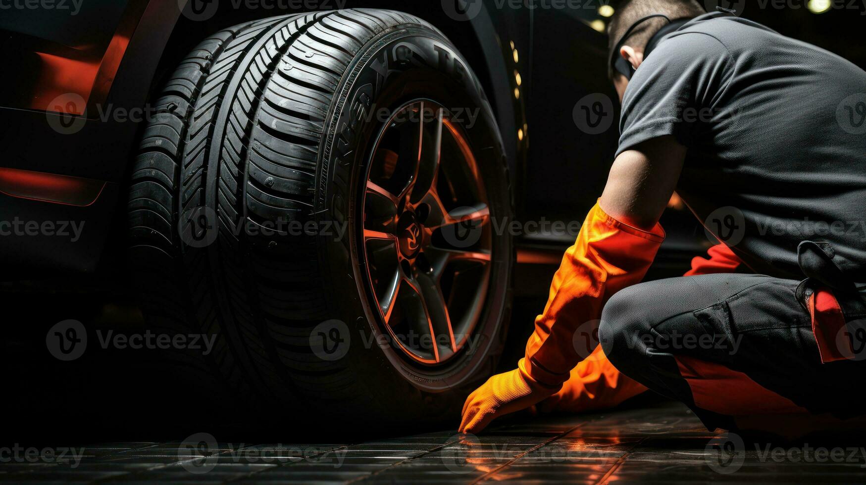 auto pneumatico servizio e mani di meccanico Tenere nuovo pneumatico su nero sfondo. generativo ai foto