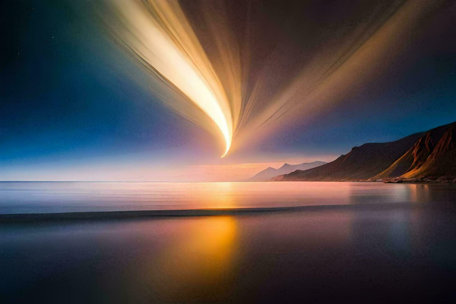 un' lungo esposizione fotografia di un' luminosa leggero nel il cielo. ai-generato foto