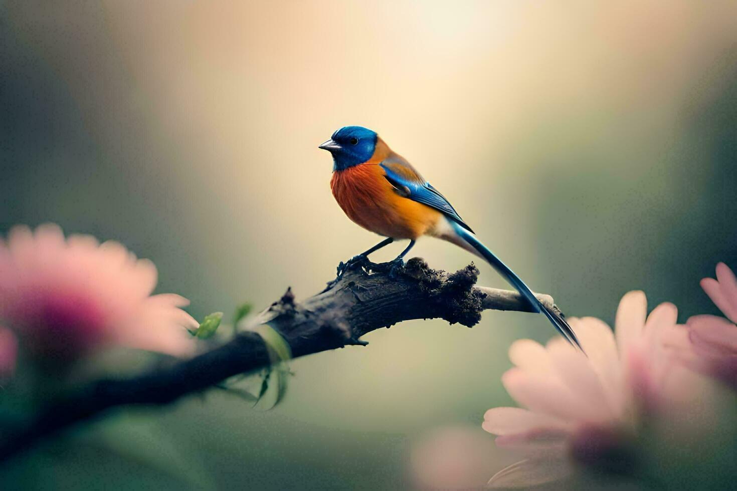un' blu e arancia uccello è arroccato su un' ramo. ai-generato foto