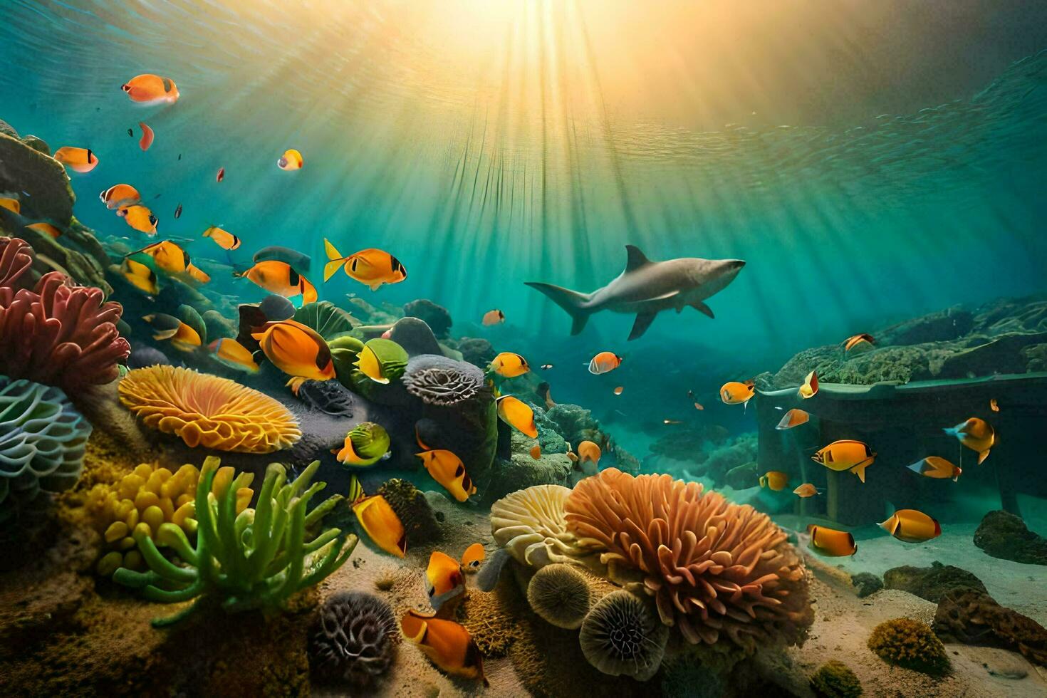 un' squalo nuoto nel il oceano con corallo barriere e pesce. ai-generato foto