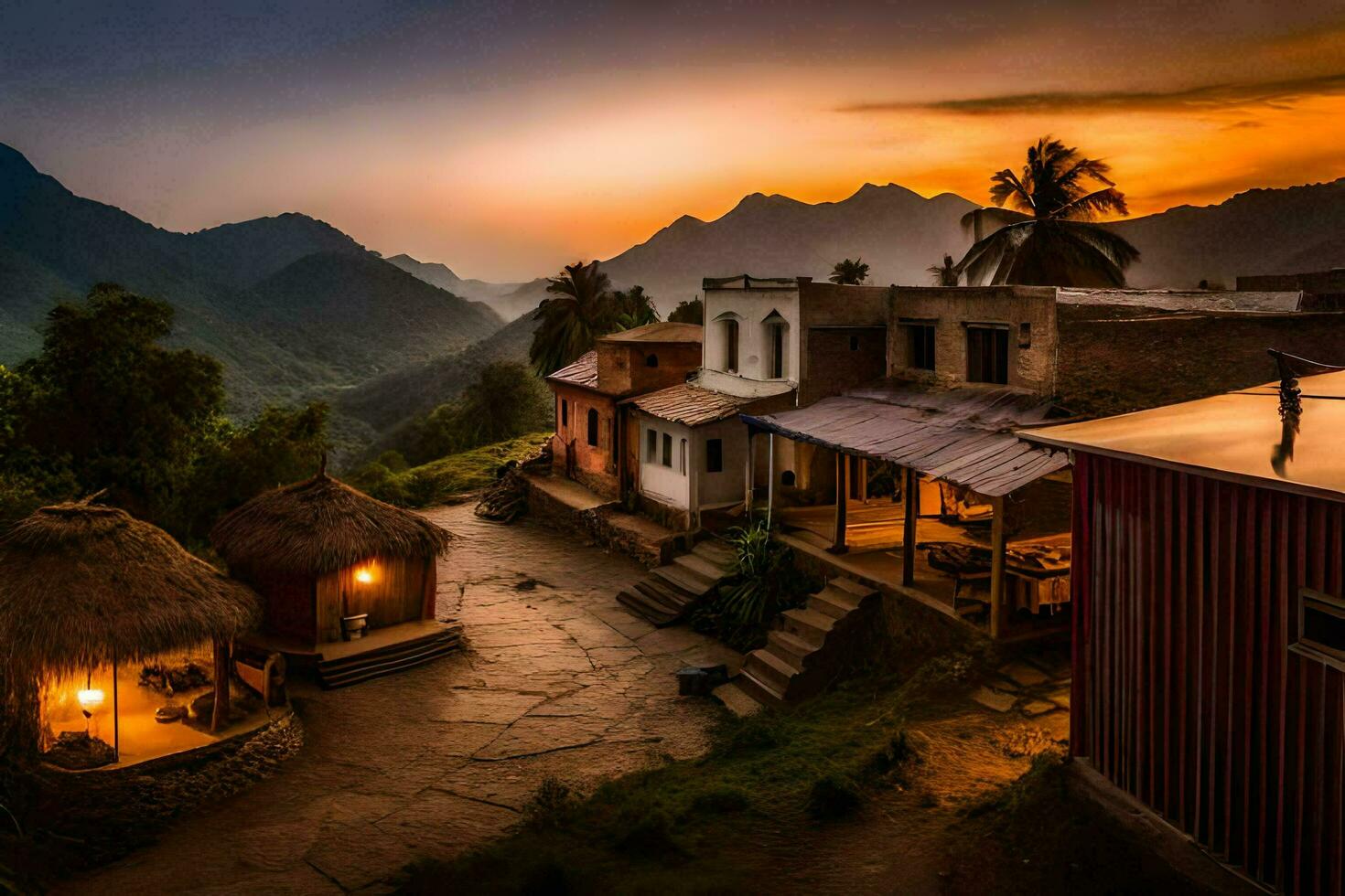 un' tramonto al di sopra di un' villaggio nel il montagne. ai-generato foto