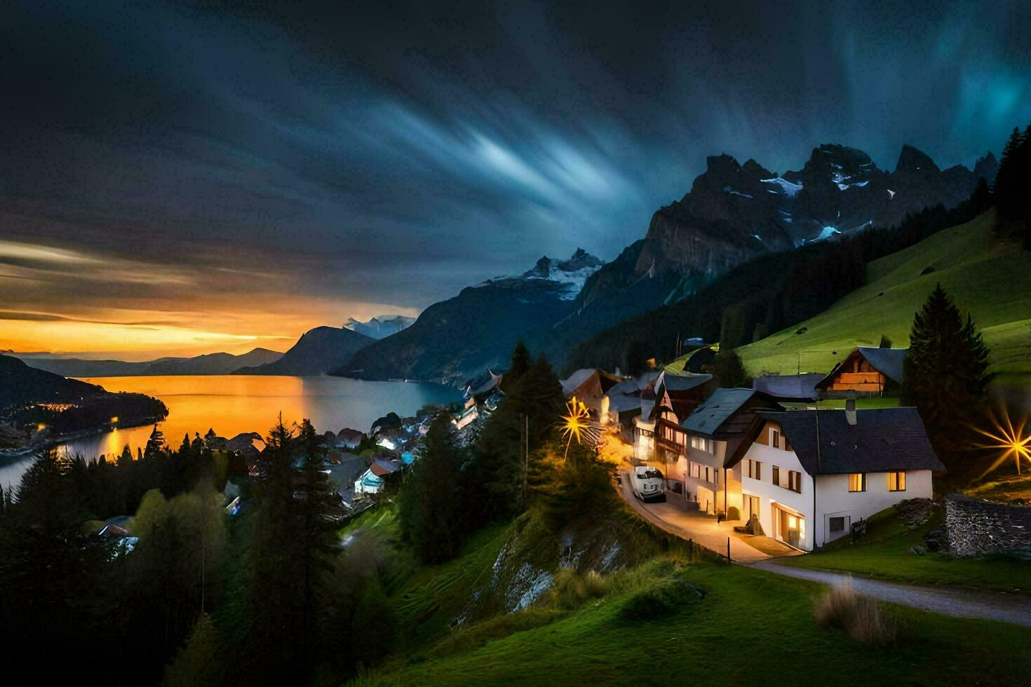 un' villaggio nel il montagne a tramonto. ai-generato foto