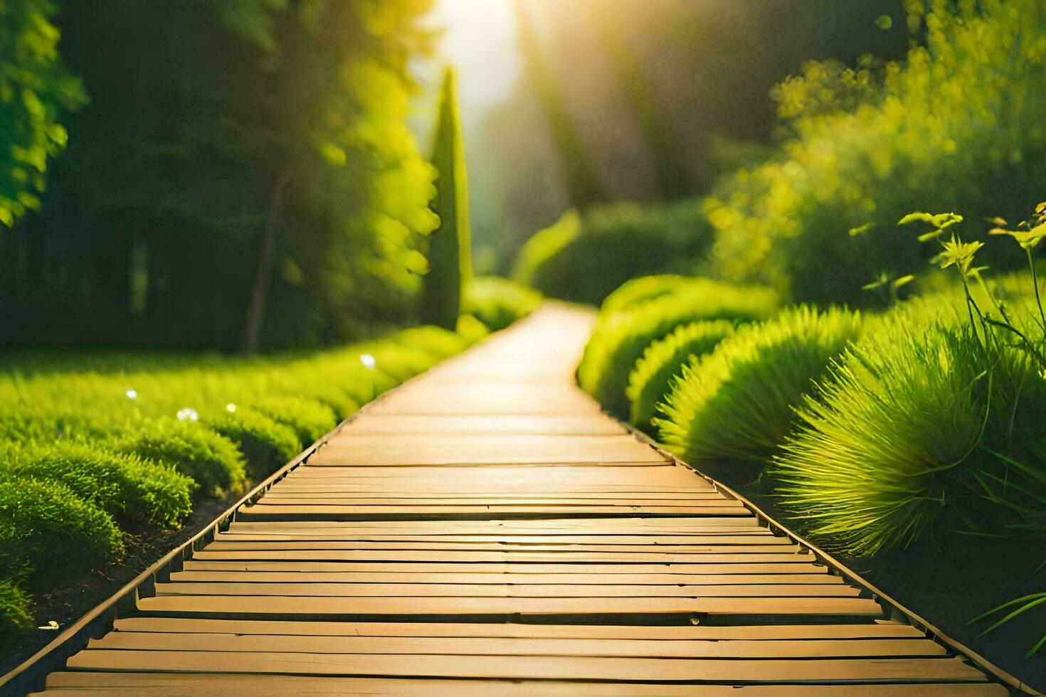 un' di legno sentiero nel il mezzo di un' lussureggiante verde giardino. ai-generato foto