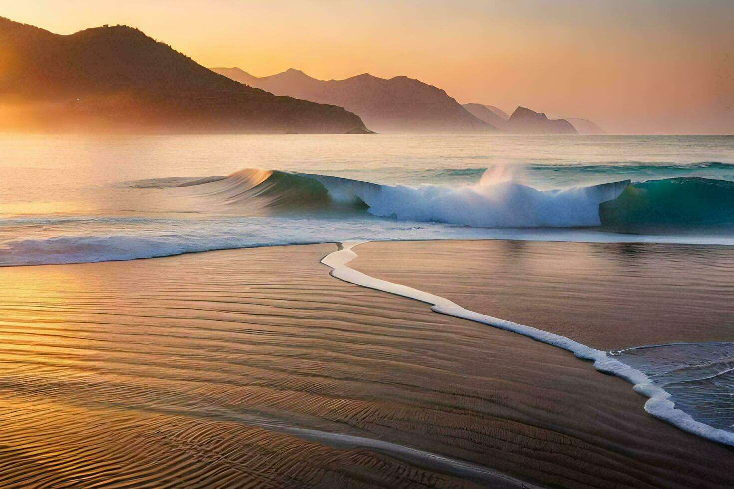 il sole sorge al di sopra di il oceano e onde. ai-generato foto