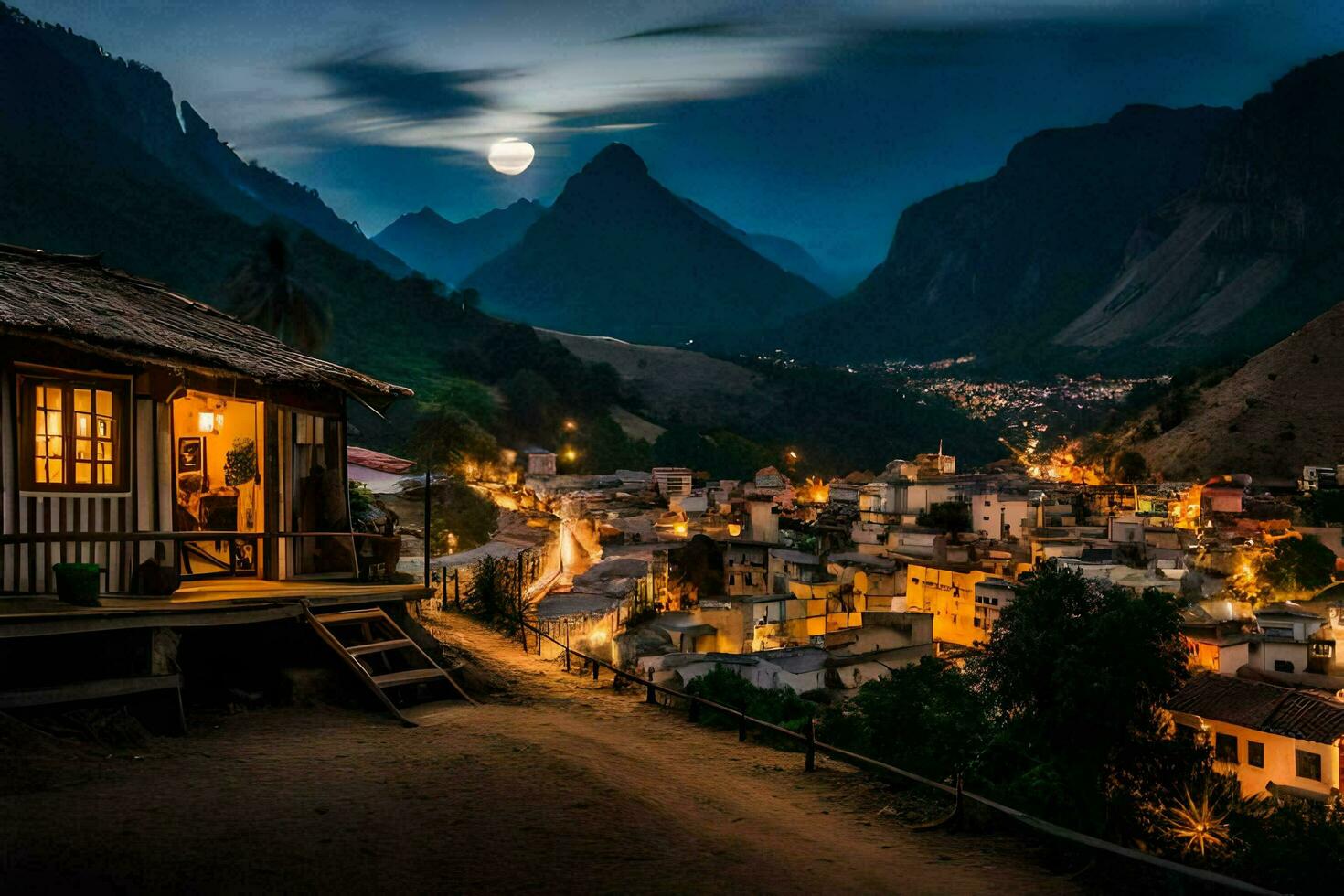 un' villaggio a notte con un' pieno Luna. ai-generato foto