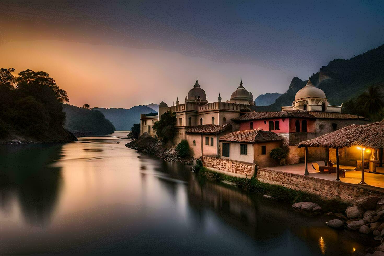 un' bellissimo tramonto al di sopra di un' fiume nel India. ai-generato foto