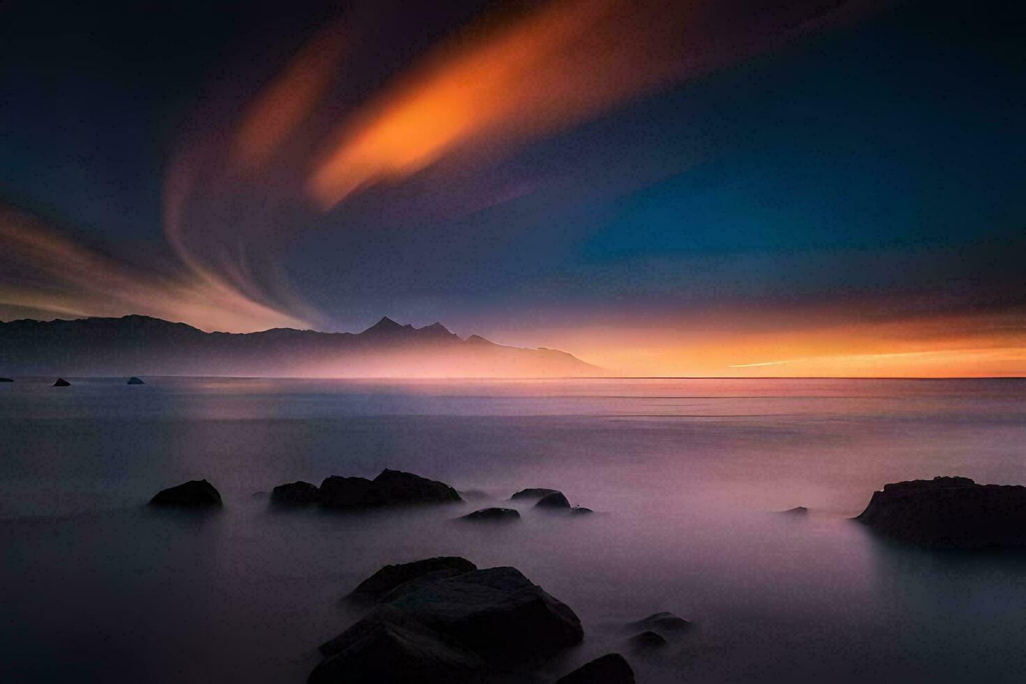un' tramonto al di sopra di il oceano con rocce e rocce. ai-generato foto