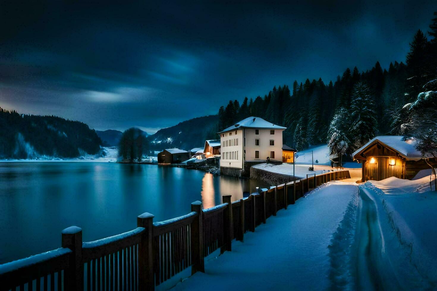 un' nevoso lago e un' Casa nel il mezzo di il notte. ai-generato foto