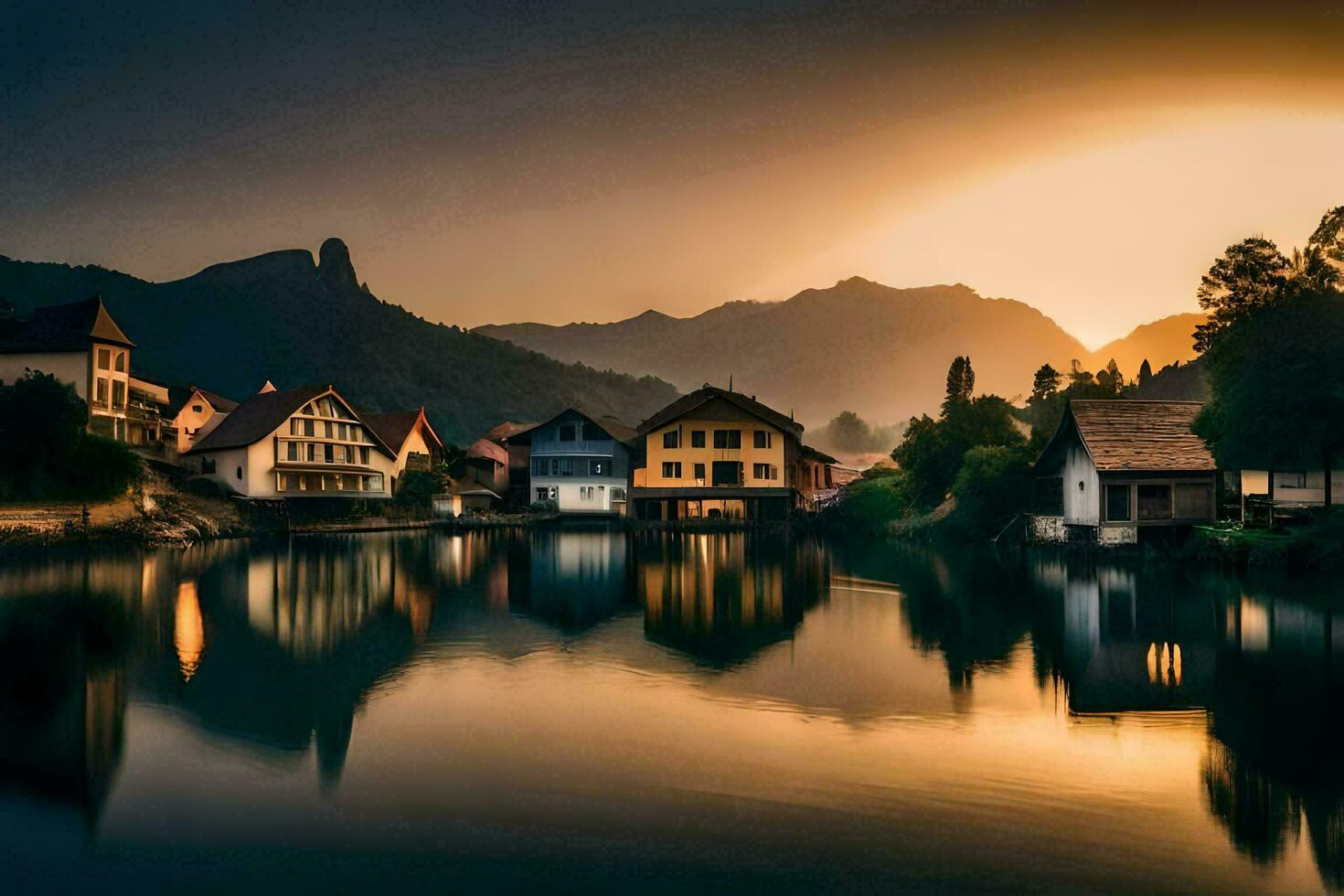 il sole imposta al di sopra di un' fiume e case nel il montagne. ai-generato foto