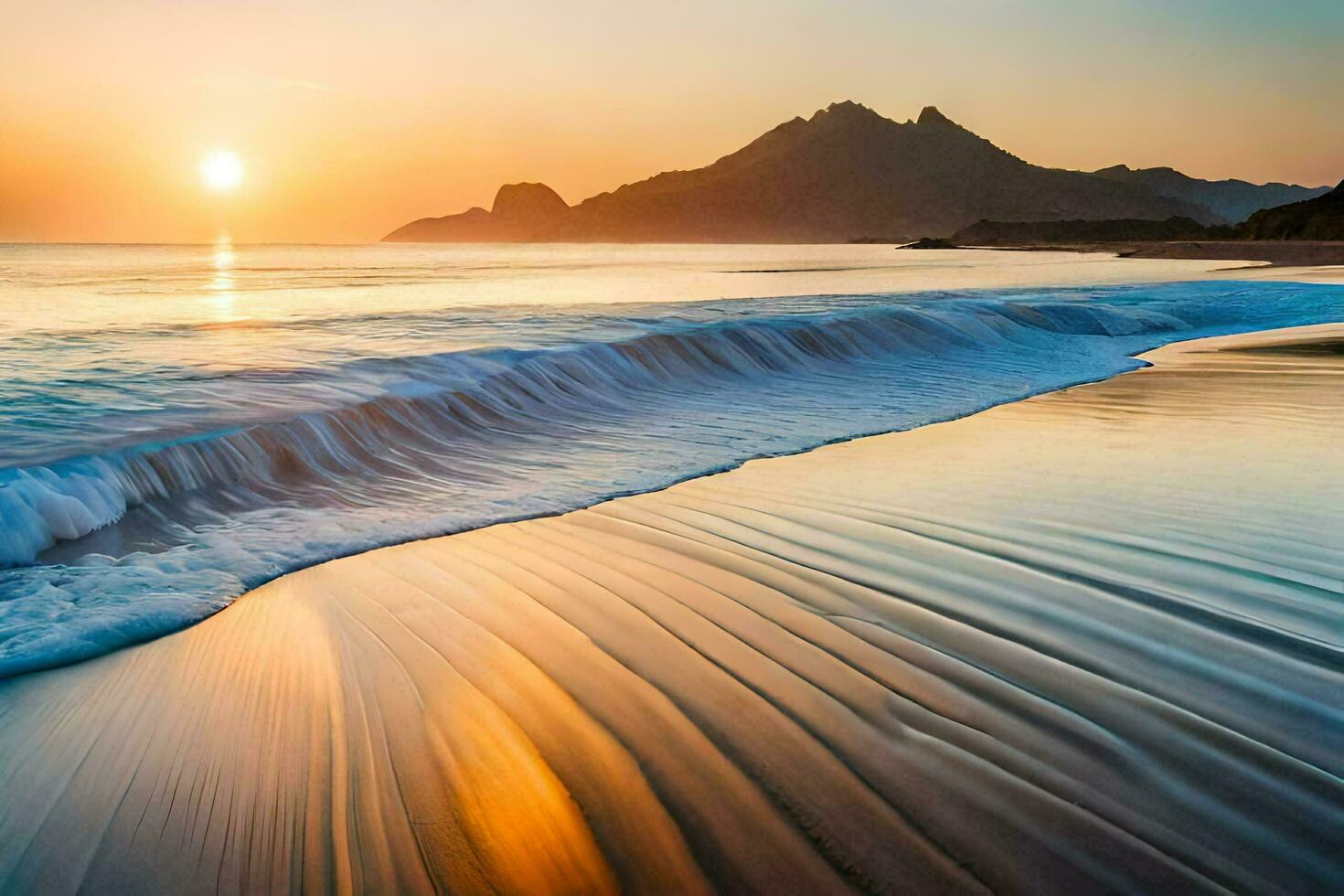 il sole imposta al di sopra di un' spiaggia con onde e montagne. ai-generato foto