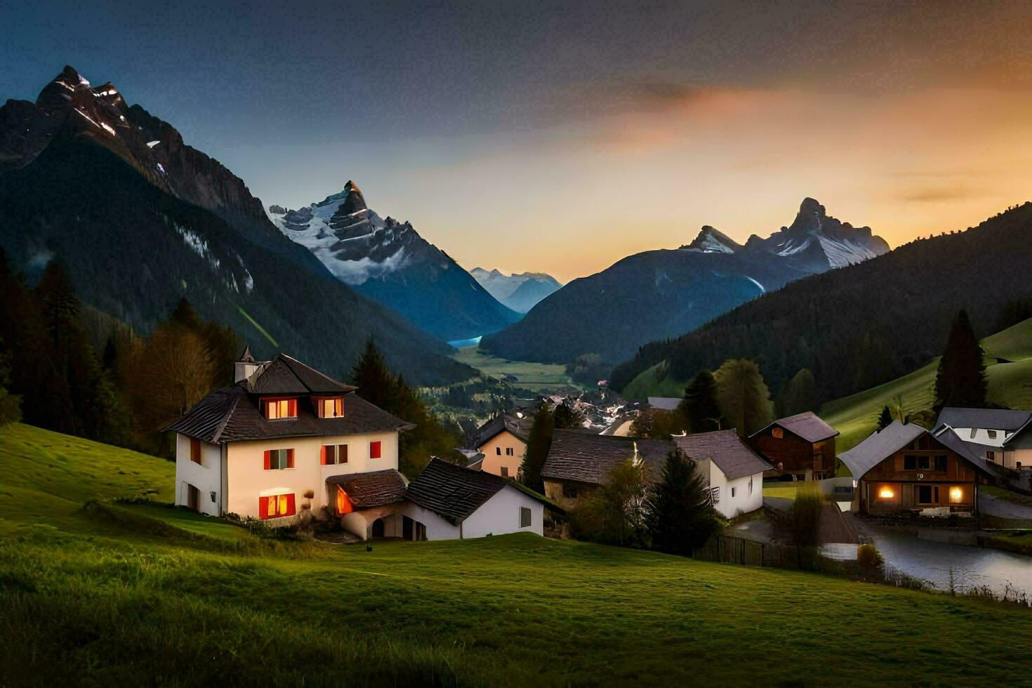 un' piccolo villaggio nel il montagne a tramonto. ai-generato foto