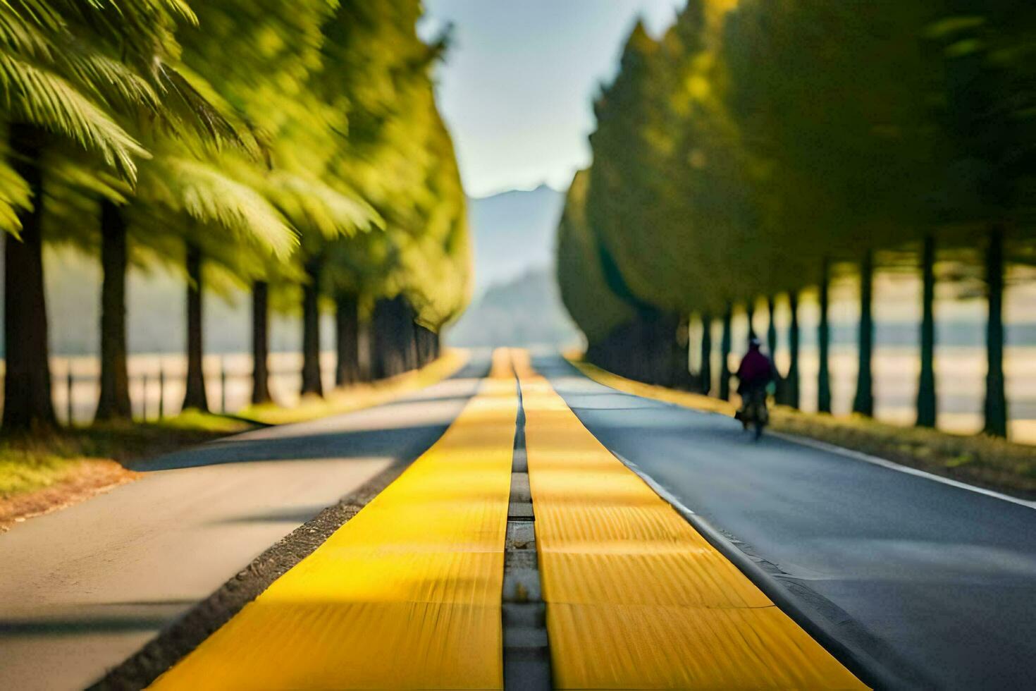 un' persona equitazione un' bicicletta giù un' strada foderato con alberi. ai-generato foto