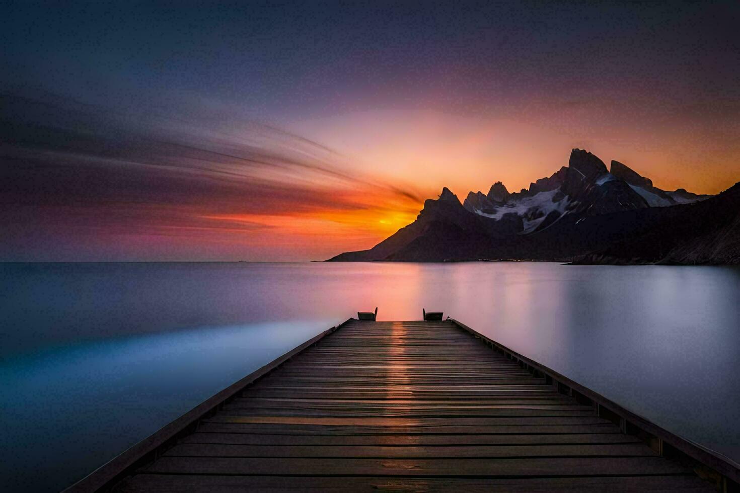 un' molo nel il mezzo di un' lago con montagne nel il sfondo. ai-generato foto