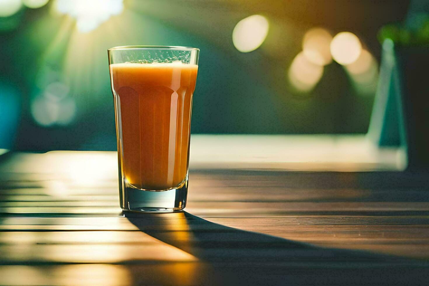 un' bicchiere di arancia succo su un' tavolo. ai-generato foto