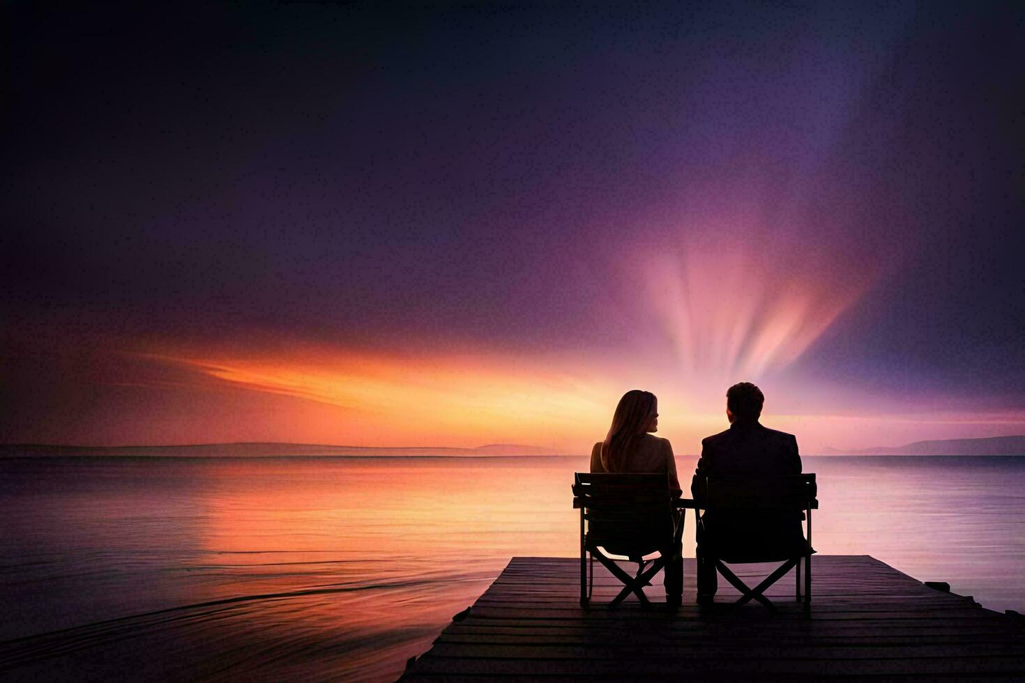 coppia seduta su un' bacino a tramonto. ai-generato foto