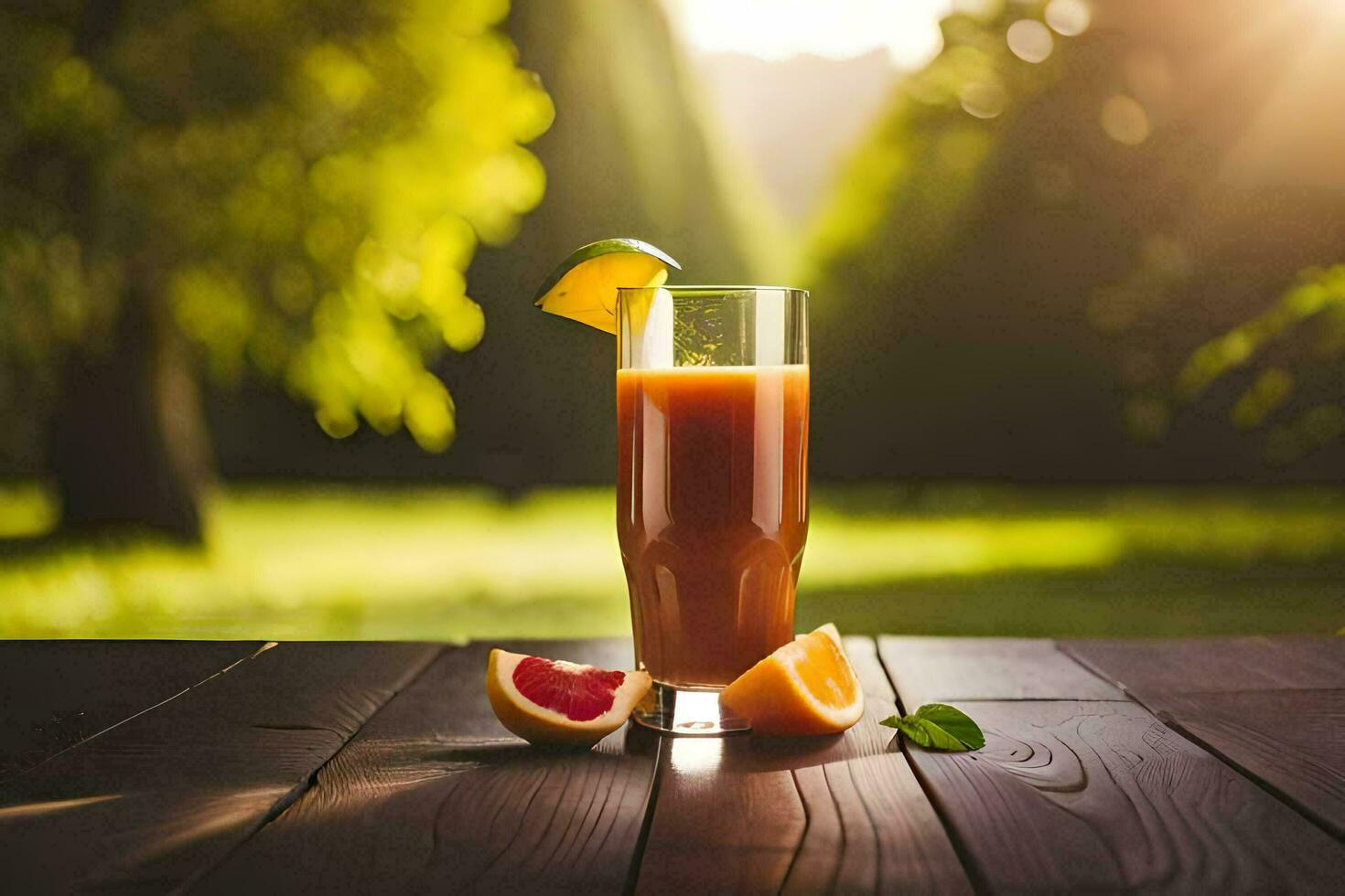 un' bicchiere di arancia succo su un' tavolo nel il sole. ai-generato foto