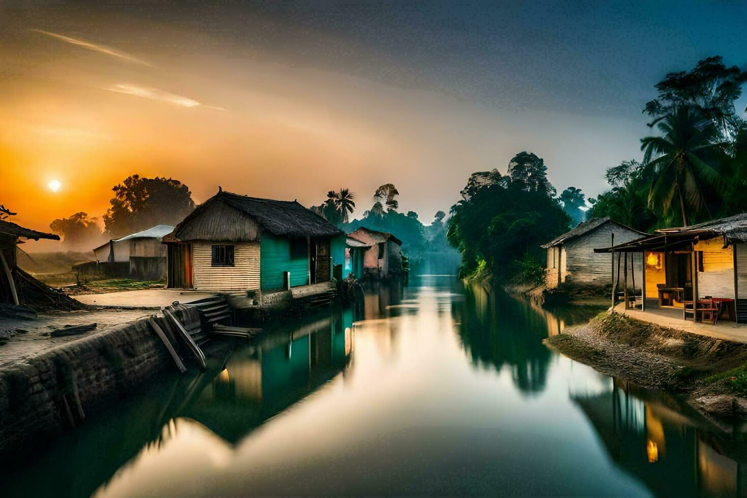 un' fiume nel il mezzo di un' villaggio a tramonto. ai-generato foto