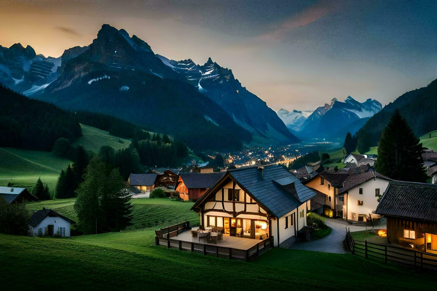 un' villaggio nel il montagne a crepuscolo. ai-generato foto