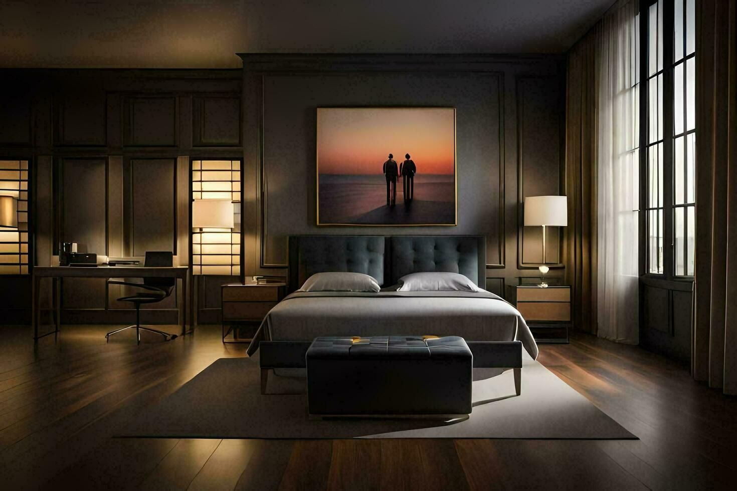 un' Camera da letto con buio legna piani e un' grande la pittura. ai-generato foto