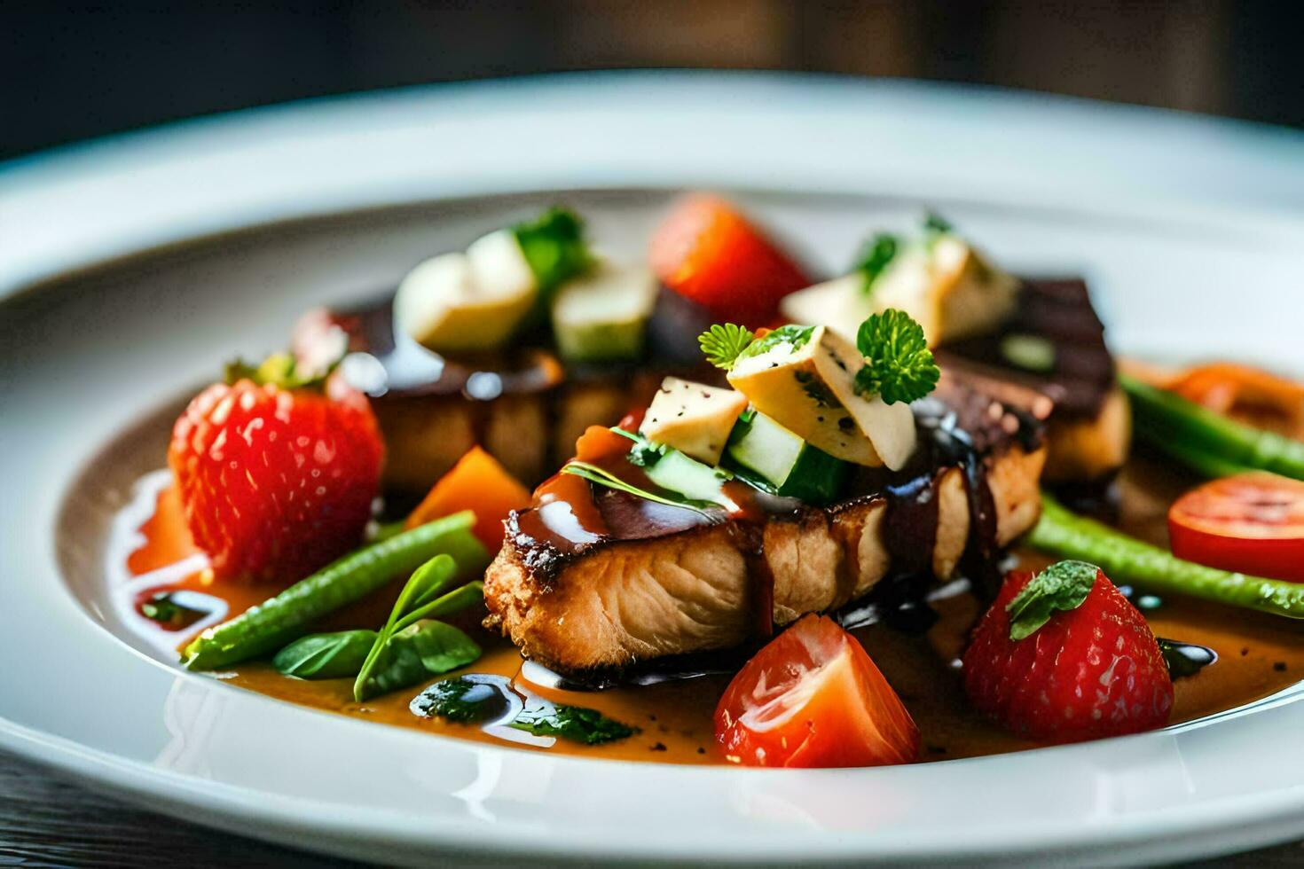 un' piatto di cibo con fragole, pomodori e salmone. ai-generato foto