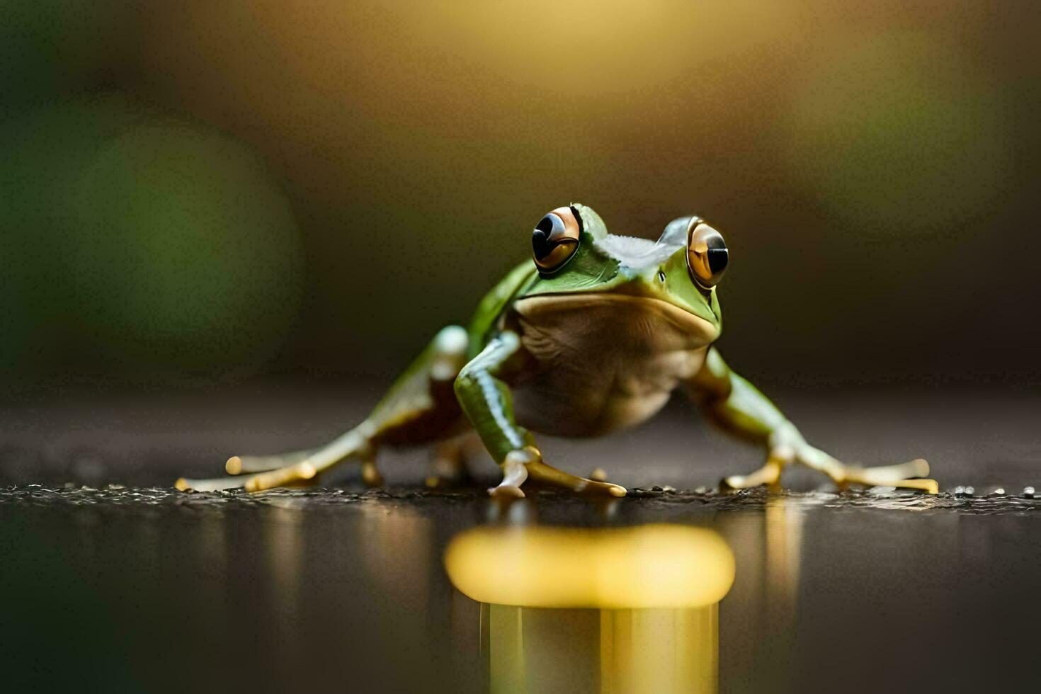 un' rana è seduta su il terra con un' leggero splendente su esso. ai-generato foto